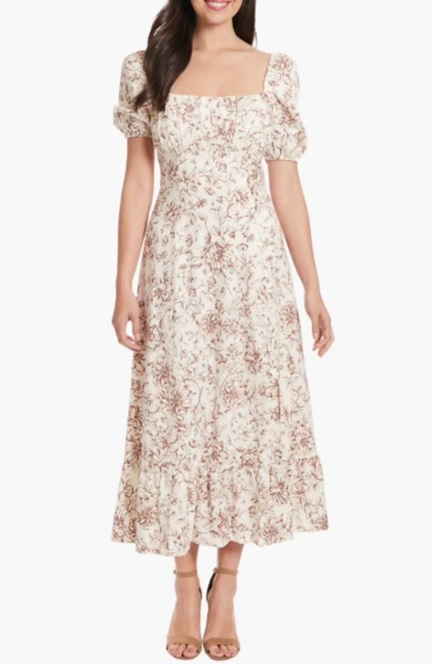 London Times Puff Sleeve Midi Dress Linen Toile Floral Square Neck Ruffle Maxi